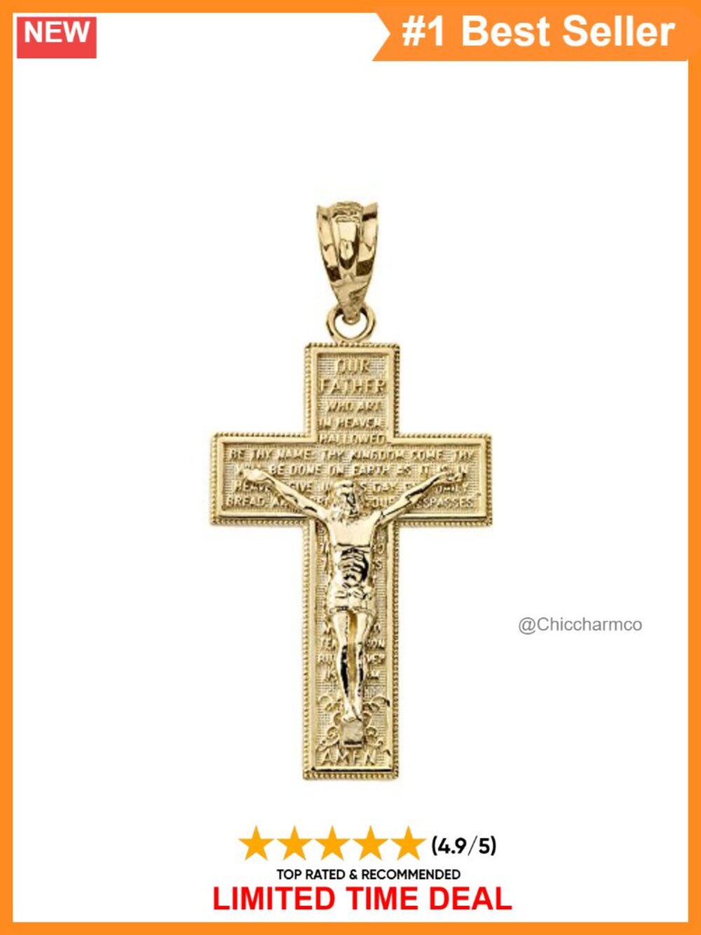 Solid 14k Yellow Gold Catholic Cross Crucifix Lord's Prayer Pendant
